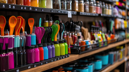 A vibrant assortment of colorful kitchen utensils and containers displayed on wooden shelves in a grocery aisle. Perfect for kitchen organization.の素材