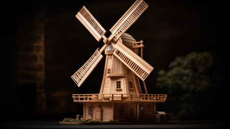 A beautifully crafted wooden model of a traditional windmill, showcasing intricate details and excellent craftsmanship, perfect for home decor or collection.の素材