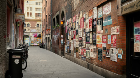 An inviting urban alleyway showcases a collection of colorful posters and advertisements on a red brick wall. Perfect for themes of city exploration or street art.の素材