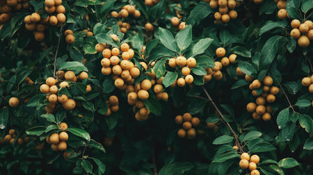 A vibrant display of yellow berries clustered among lush green leaves, showcasing nature's beauty and agricultural abundance in a vibrant outdoor setting.の素材
