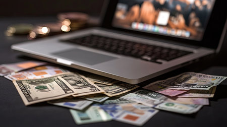 A close-up view of a laptop on a dark surface surrounded by scattered cash and coins, symbolizing financial transactions and digital economy.の素材