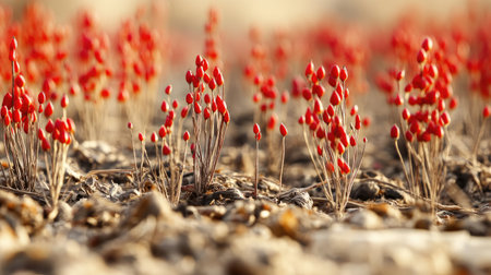 A mesmerizing close-up of vibrant red plant stems rising from the earth, showcasing the beauty and intricacies of nature in a serene outdoor environment.の素材