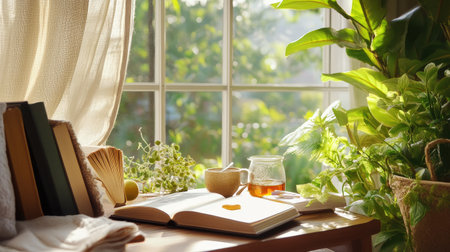 A serene reading nook filled with natural light, featuring an open book, a cup of tea, and lush green plants by a window, inviting tranquility and relaxation.の素材