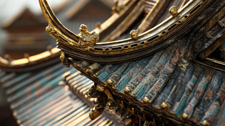 Explore the breathtaking intricacies of traditional Asian architecture, showcasing ornate roof details with artistic golden embellishments and rich textures.の素材