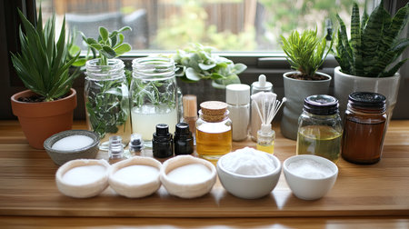 A charming arrangement of natural ingredients like herbs, oils, and plants on a wooden table. Perfect for DIY enthusiasts focused on wellness and skincare.の素材