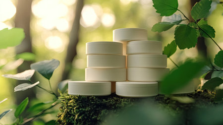A serene arrangement of natural skincare containers stacked on soft moss amidst lush greenery, symbolizing organic beauty and wellness in a tranquil forest.の素材