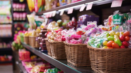 A vibrant assortment of candies and sweets beautifully arranged in baskets on store shelves. This colorful display invites customers to indulge in nostalgic treats.の素材