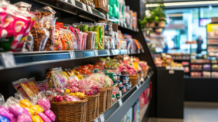 A vibrant and colorful candy aisle showcasing an array of sweets in a modern store, inviting shoppers to explore the delightful variety of treats available.の素材