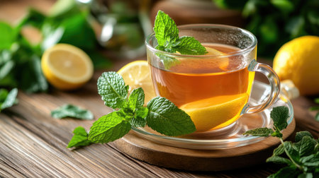 A beautiful capture of a glass cup filled with mint tea, garnished with fresh mint leaves and a slice of lemon, perfect for a refreshing moment.の素材