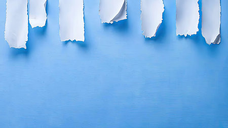 Elegant torn paper strips against a soft blue background offering an artistic canvas for creative designs or messages. Ideal for varied applications.の素材