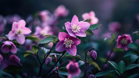 This captivating image features beautiful pink flowers blooming amidst lush foliage, creating a serene garden atmosphere filled with tranquility.の素材