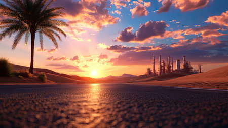Captivating view of a desert landscape highlighted by a stunning sunset, featuring a palm tree in the foreground and an industrial plant on the horizon, capturing the contrast between nature and industry.の素材