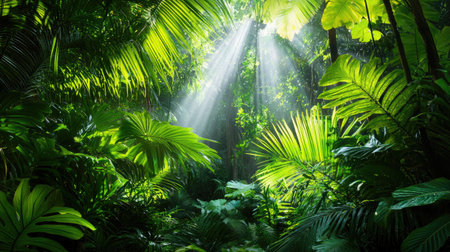 Explore the enchanting beauty of a lush jungle where sunlight breaks through dense foliage, creating a tranquil and serene tropical atmosphere.の素材