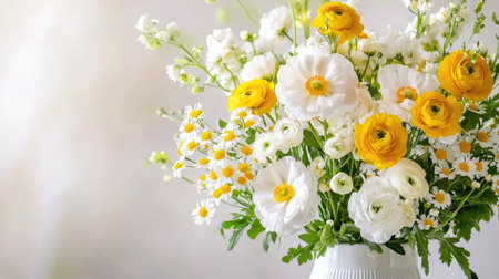 A stunning bouquet featuring bright yellow ranunculus and white daisies arranged in a modern ceramic vase, set against a soft, blurred background.の素材