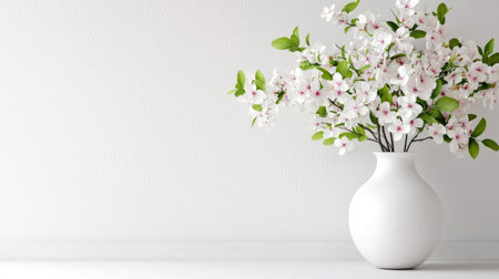 A stunning white vase holds an exquisite arrangement of cherry blossom flowers, providing a fresh and elegant touch to any interior space.の素材