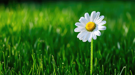 A stunning close-up of a delicate white daisy flower standing alone in a lush green grass field, capturing the essence of nature's beauty in bright sunlight.の素材