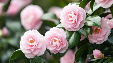 A close-up view of delicate pink camellia flowers showcased against lush green foliage. The soft petals and vibrant colors highlight the natural beauty and tranquility of a garden setting. Perfect for nature lovers and floral enthusiasts.の素材