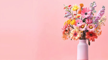 A stunning floral arrangement featuring a mix of bright flowers in a stylish vase set against a soft pink background, perfect for seasonal decor and celebrations.の素材