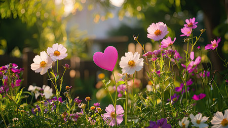 A serene garden filled with vibrant flowers in shades of pink, white, and purple, highlighted by a heart decoration under warm sunlight.の素材