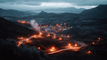 A dramatic twilight scene showcasing an industrial facility surrounded by mountains, with smokestacks releasing steam and illuminated lights along the winding road.の素材