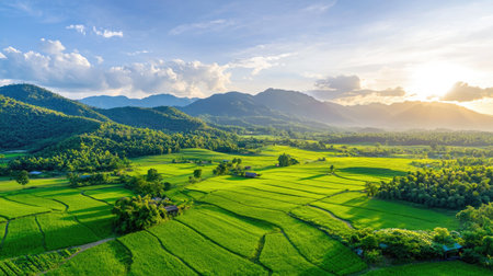 A breathtaking view of lush green rice fields under a dramatic sky. The vibrant landscape features mountains and a beautiful sunset, evoking tranquility.の素材