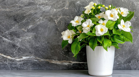 This image showcases a cluster of delicate white flowers in a sleek ceramic pot, perfectly positioned against a stylish gray background for an elegant touch.の素材