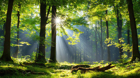 Enchanting forest scene featuring sunlight cascading through tree branches, creating a magical atmosphere filled with tranquility and natural beauty.の素材