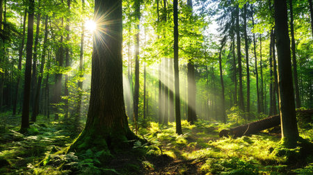 A stunning view of sunlight filtering through a lush green forest, creating a serene and tranquil environment perfect for nature enthusiasts and adventurers.の素材