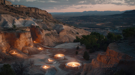 A breathtaking view at dusk showcasing a stunning geological landscape with illuminated circular pools, highlighting nature's beauty and tranquility.の素材