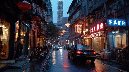 This captivating nighttime urban scene features reflective wet streets illuminated by colorful lanterns, showcasing the charm of city life during a rainy evening.の素材