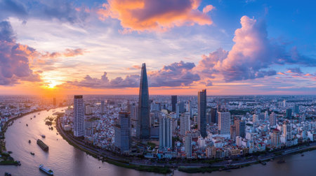 A breathtaking aerial view showcasing the vibrant skyline of Ho Chi Minh City at sunset, highlighting stunning clouds and reflections on the water.の素材