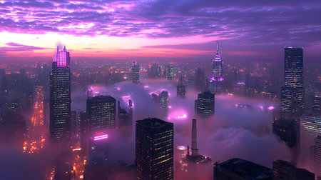 An enchanting urban skyline at dusk, enveloped in fog and illuminated by purple lights. This stunning cityscape captures the essence of modern architecture and tranquil beauty.の素材