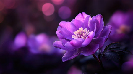A captivating purple flower showcases its vibrant petals, set against a blurred backdrop filled with soft, colorful bokeh lights, creating a serene atmosphere.の素材