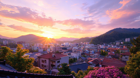 A stunning view of a town during sunset, with vibrant colors filling the sky and mountains framing the landscape, offering a serene and tranquil atmosphere.の素材