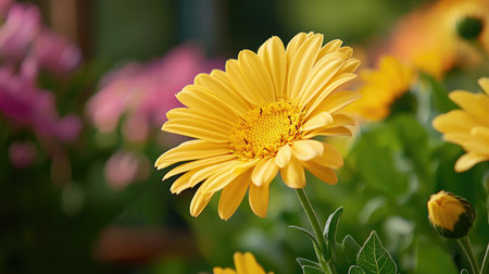 A close-up view of a vibrant yellow flower showcasing its delicate petals against a blurred floral backdrop, emphasizing garden beauty and nature's colors.の素材