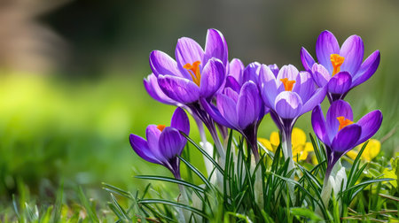 A stunning display of purple crocus flowers blooms vividly in a green field, accentuated by soft background blur, showcasing the beauty of spring nature.の素材