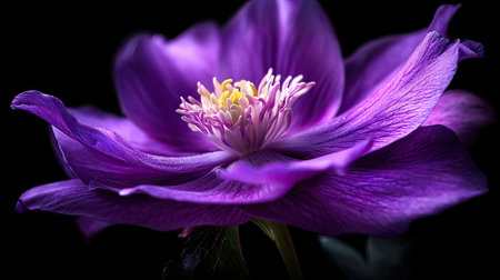 A stunning close-up of a beautiful purple flower with delicate petals and a vibrant center, set against a dark background, capturing nature's elegance perfectly.の素材