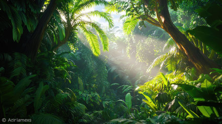 A captivating view of a lush green forest where sunlight filters gently through the dense leaves, creating a vibrant and tranquil jungle atmosphere.の素材