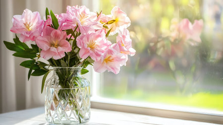 A charming arrangement of delicate pink flowers in a clear glass vase brings warmth and beauty into a bright sunny room, enhancing the tranquil atmosphere.の素材