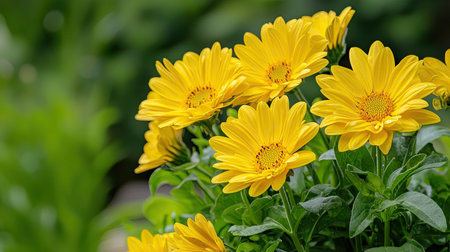 A stunning display of vibrant yellow flowers showcasing their delicate petals under bright sunlight, surrounded by lush green foliage. Perfect for nature lovers.の素材