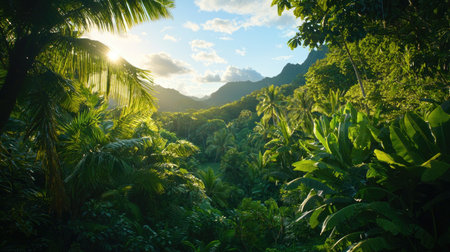 Experience the serenity of a lush tropical jungle landscape at sunrise, featuring vibrant green foliage and majestic mountainous views that inspire adventure.の素材