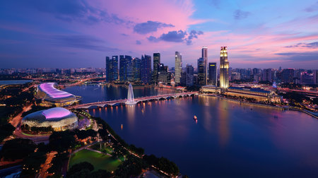 This captivating aerial view captures a modern city skyline at dusk, showcasing vibrant colors reflected in the calm water, creating an enchanting atmosphere.の素材