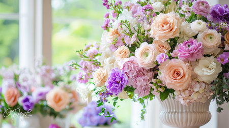 A stunning floral arrangement featuring pastel roses and hydrangeas in a bright, airy space. This elegant display captures the beauty of nature, perfect for events.の素材