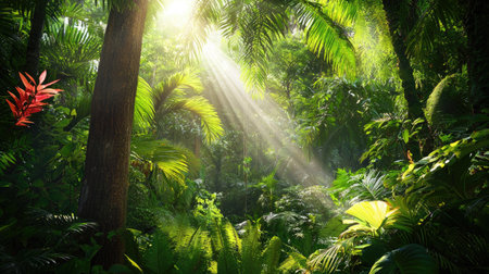 A captivating view of a dense tropical rainforest, showcasing vibrant greenery and sunlight shining through the foliage, creating a tranquil atmosphere.の素材