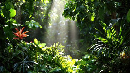 Experience the tranquility of a lush tropical rainforest where sunlight filters through dense greenery, illuminating vibrant foliage and creating a serene atmosphere.の素材