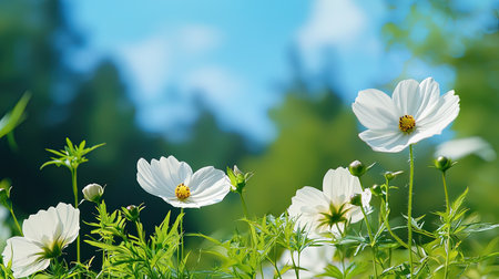 This image features lively white cosmos flowers flourishing in a vibrant garden against a beautiful blue sky. The natural beauty evokes calmness.の素材
