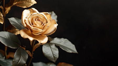 A stunning golden rose gently blooms, surrounded by rich green leaves, creating a captivating contrast against a dark background, perfect for artwork or design.の素材