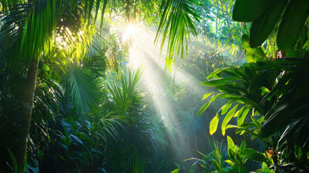 A breathtaking image showcasing sunlight streaming through a dense canopy of lush green plants in a vibrant tropical jungle, creating a serene atmosphere.の素材