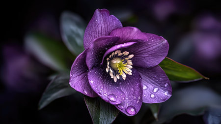 A detailed close-up of a beautiful purple flower revealing intricate petals adorned with dewdrops, set against a soft dark background.の素材