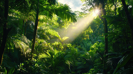 A serene jungle scene featuring vibrant green foliage and sunlight filtering through the dense tree canopy, creating a peaceful and inviting atmosphere.の素材